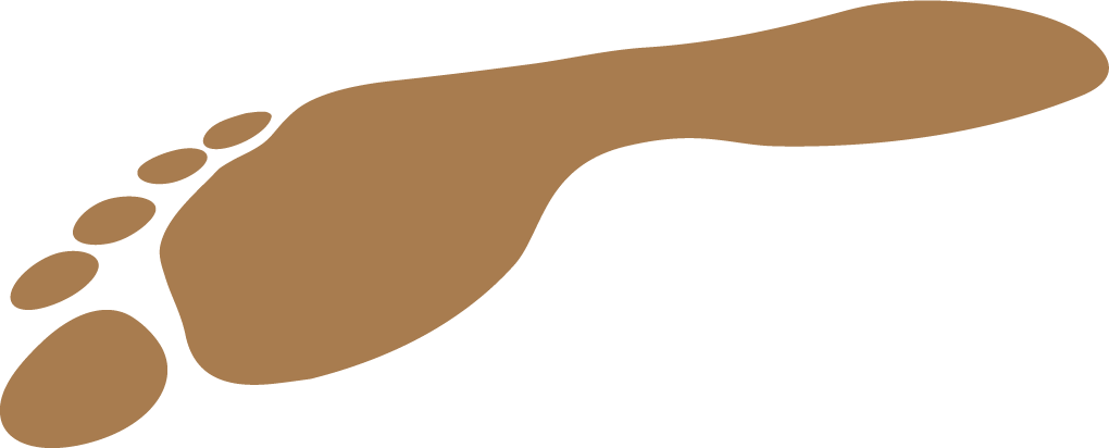A stylized brown footprint with five toes on a black background.