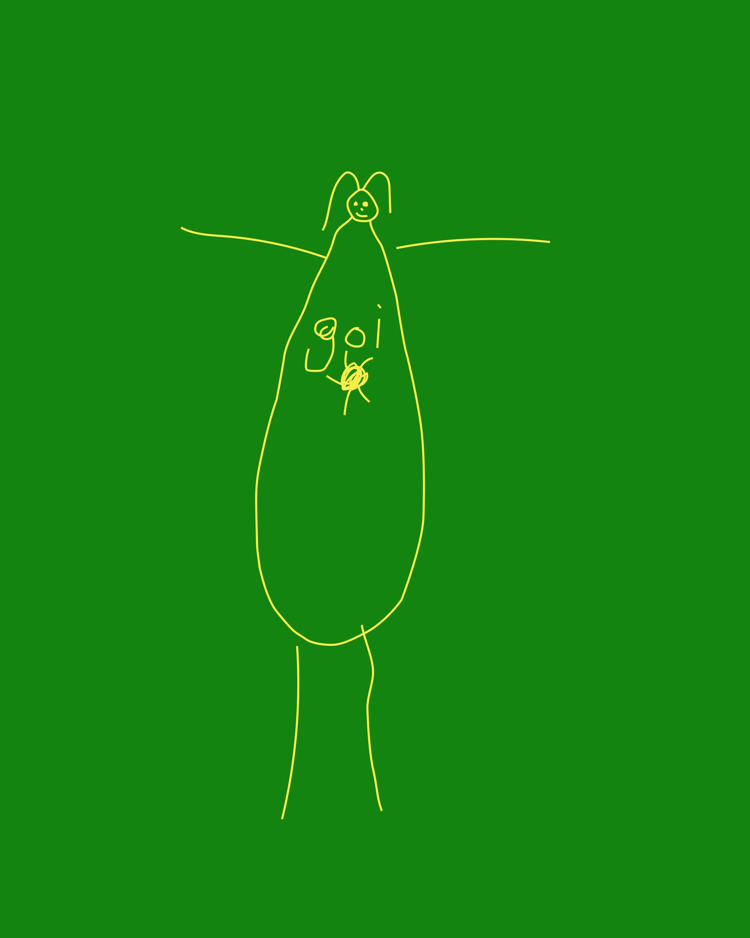 Child drawing with yellow lines on a green background, holding a marker and drawing the word 'golf' with a golf ball and tee.
