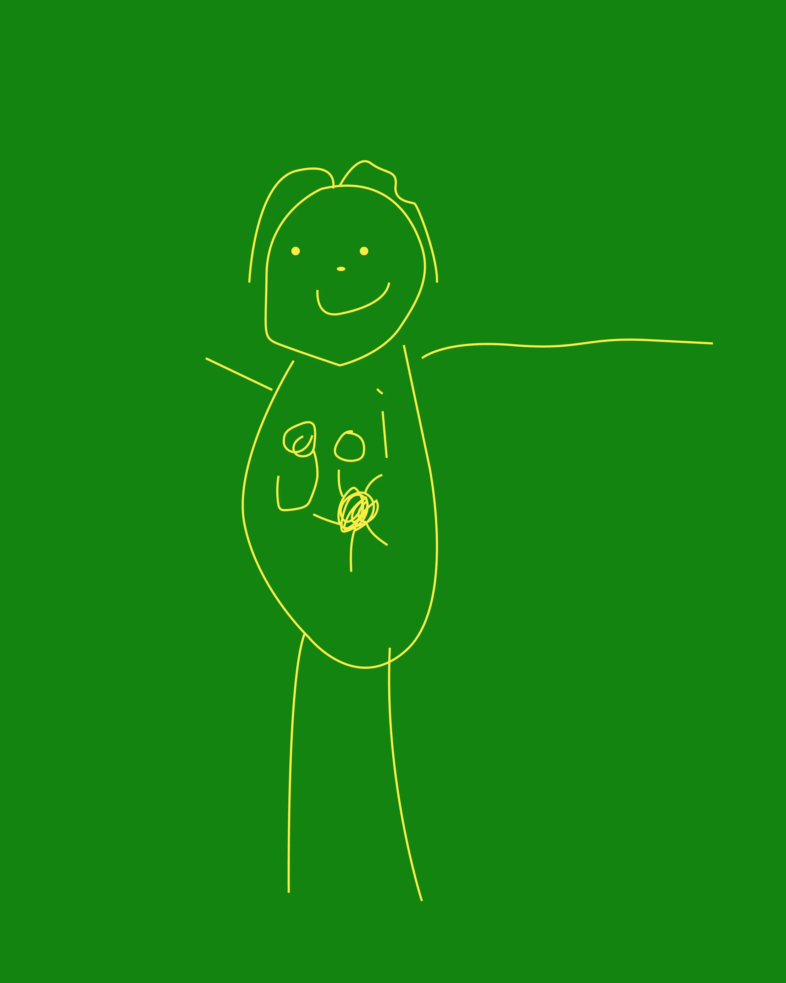 A simple line drawing of a girl with a big smile, standing outside with her arm extended, against a green background.