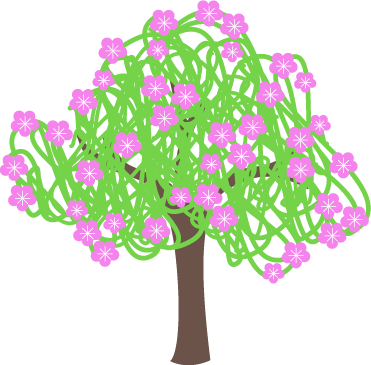 Illustration of a tree with a brown trunk and green, flowering foliage with purple blossoms.