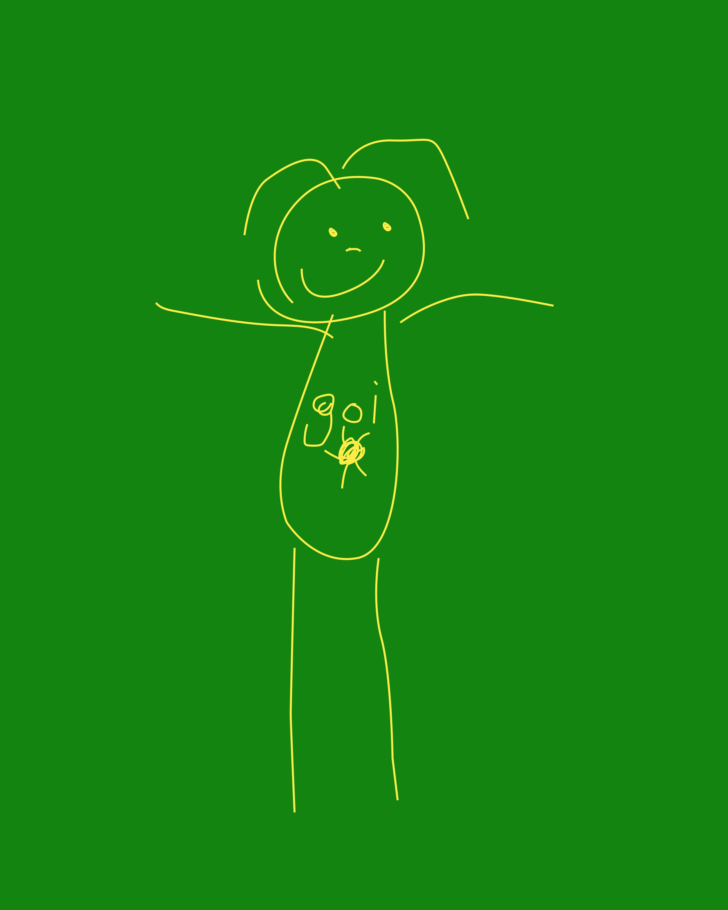 A simple, yellow outline drawing on a green background of a smiling girl with long hair, and the words 'go girl' written on her shirt.