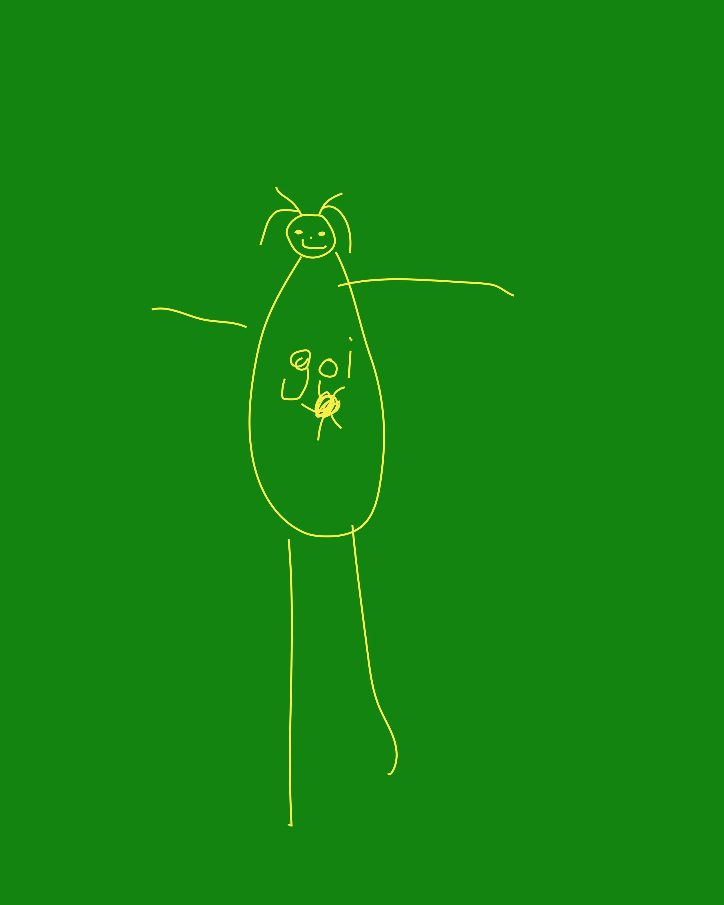 Child's drawing of a smiling figure with long arms and antennae, on a green background.