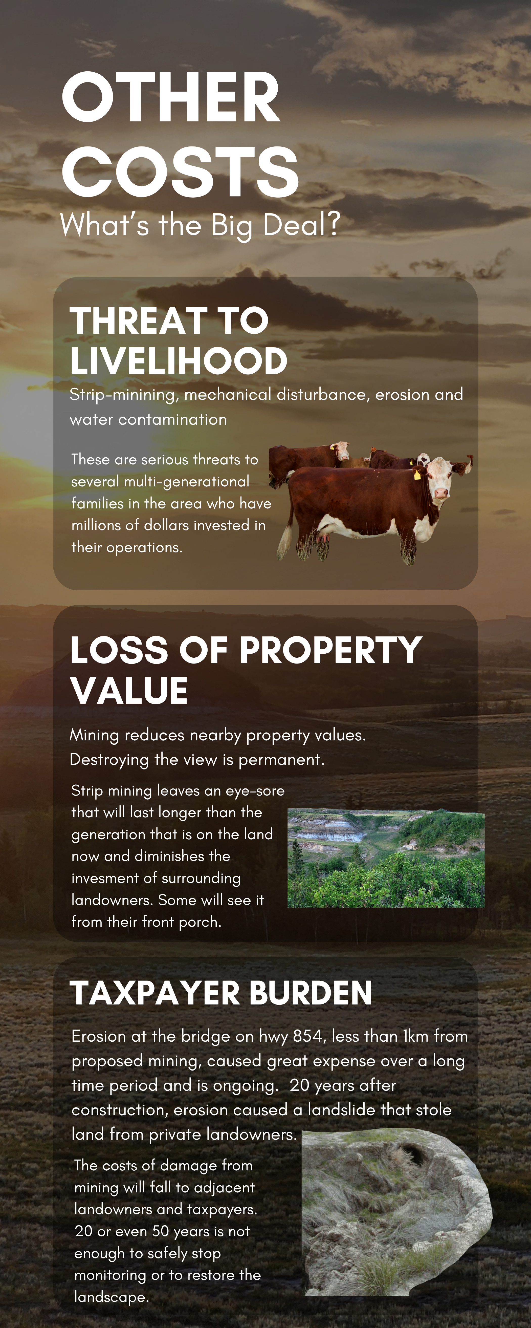 An informational poster about environmental and economic impacts of strip-mining, with sections on threats to livelihood, loss of property value, and taxpayer burden. The result of sodium bentonite clay mining in the Battle River Valley, Rosalind AB
