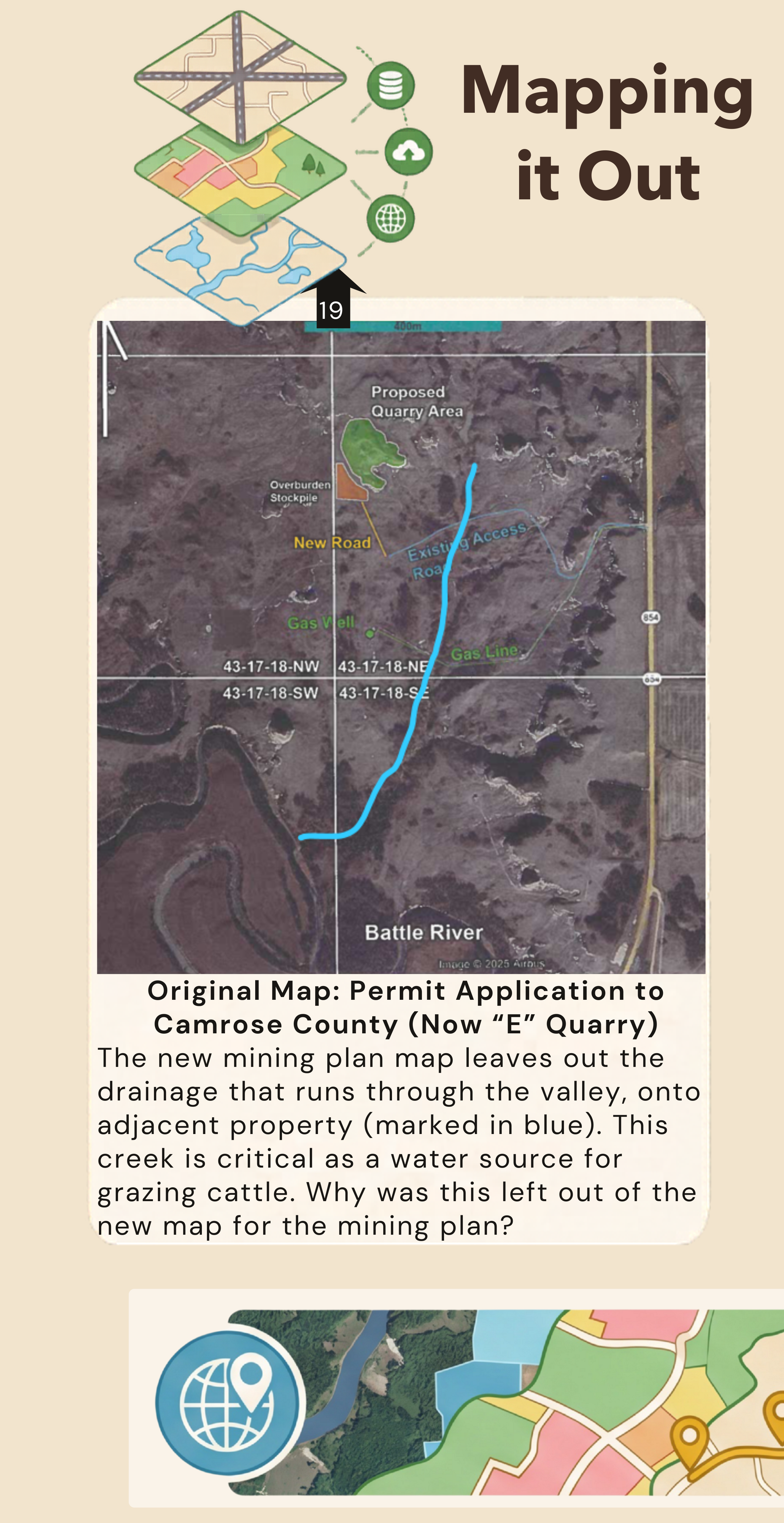 A satellite image of a map showing Battle River and creek, a proposed quarry area, gas well, and gas line, along with a blue line representing the creek's path. The map has grid coordinates and is part of a permit application for a mining plan.