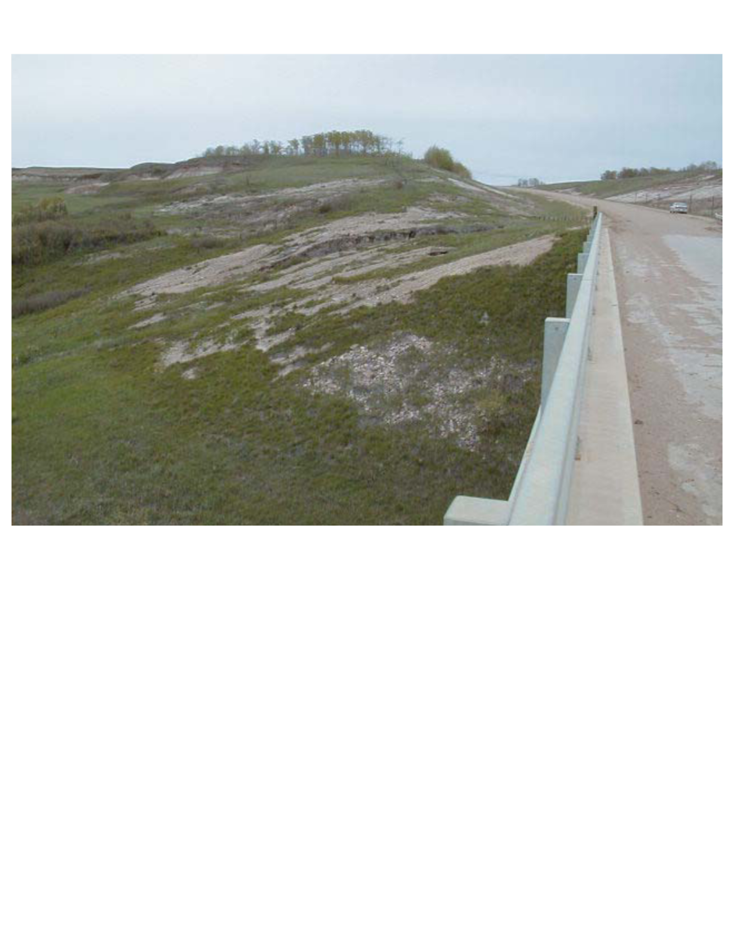 A landslide onto private land with a gravel road on the right side, a guardrail, and grassy hills with sparse trees under a cloudy sky.