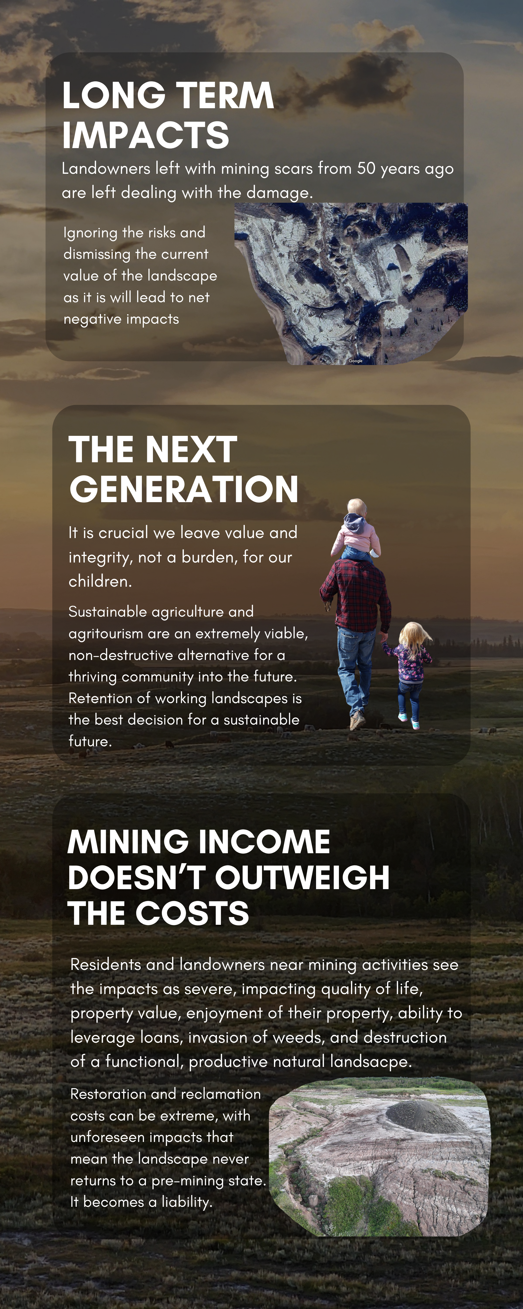 An infographic about social, economic and agricultural impacts of strip mining for sodium bentonite clay, for non essential cat litter, including impact on future generations, extreme cost to adjacent landowners and money not staying in the community