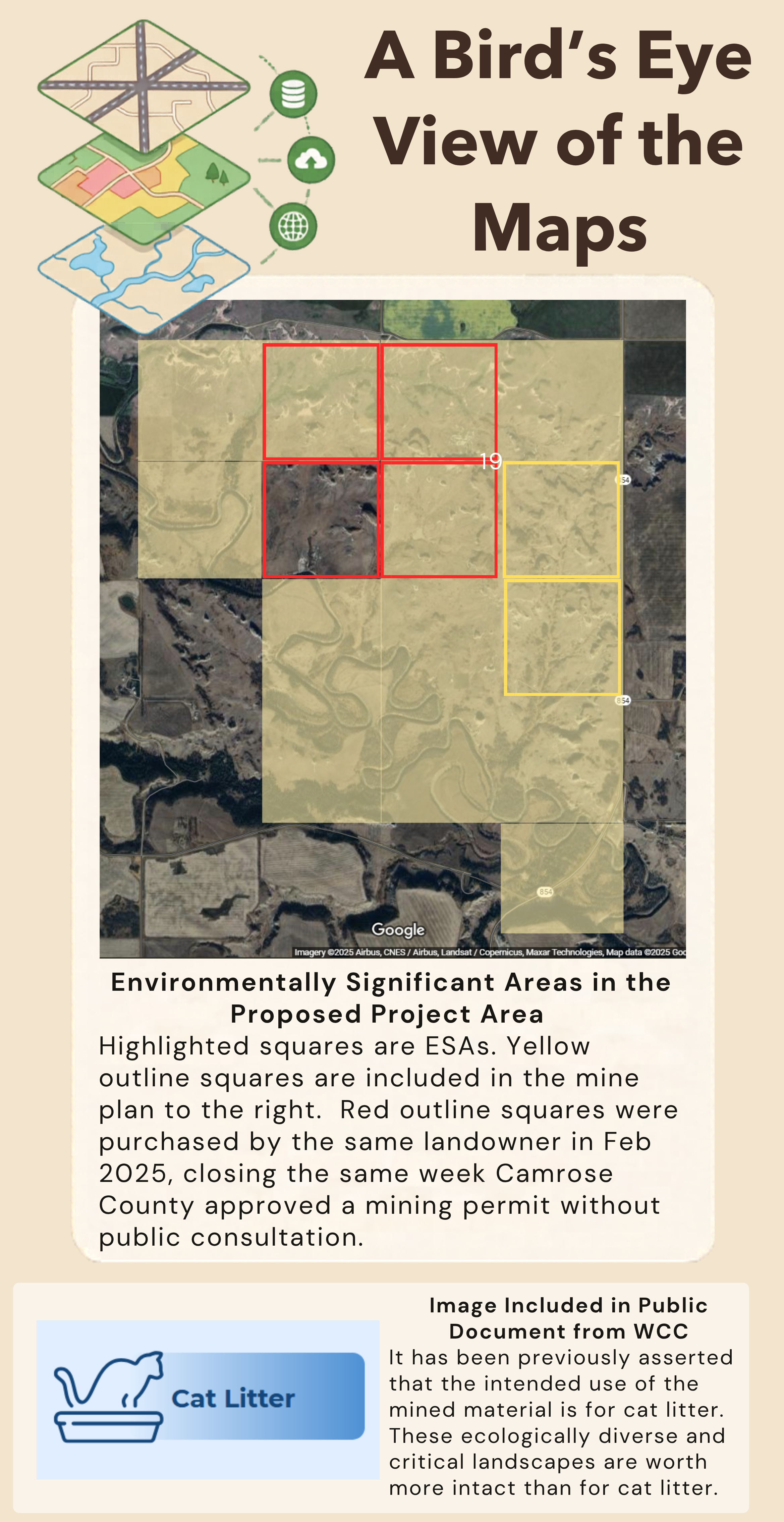 Map showing environmentally significant areas in proposed sodium bentonite clay mining project area with highlighted squares, some outlined in red and some in yellow. The map includes a satellite image background of the land.