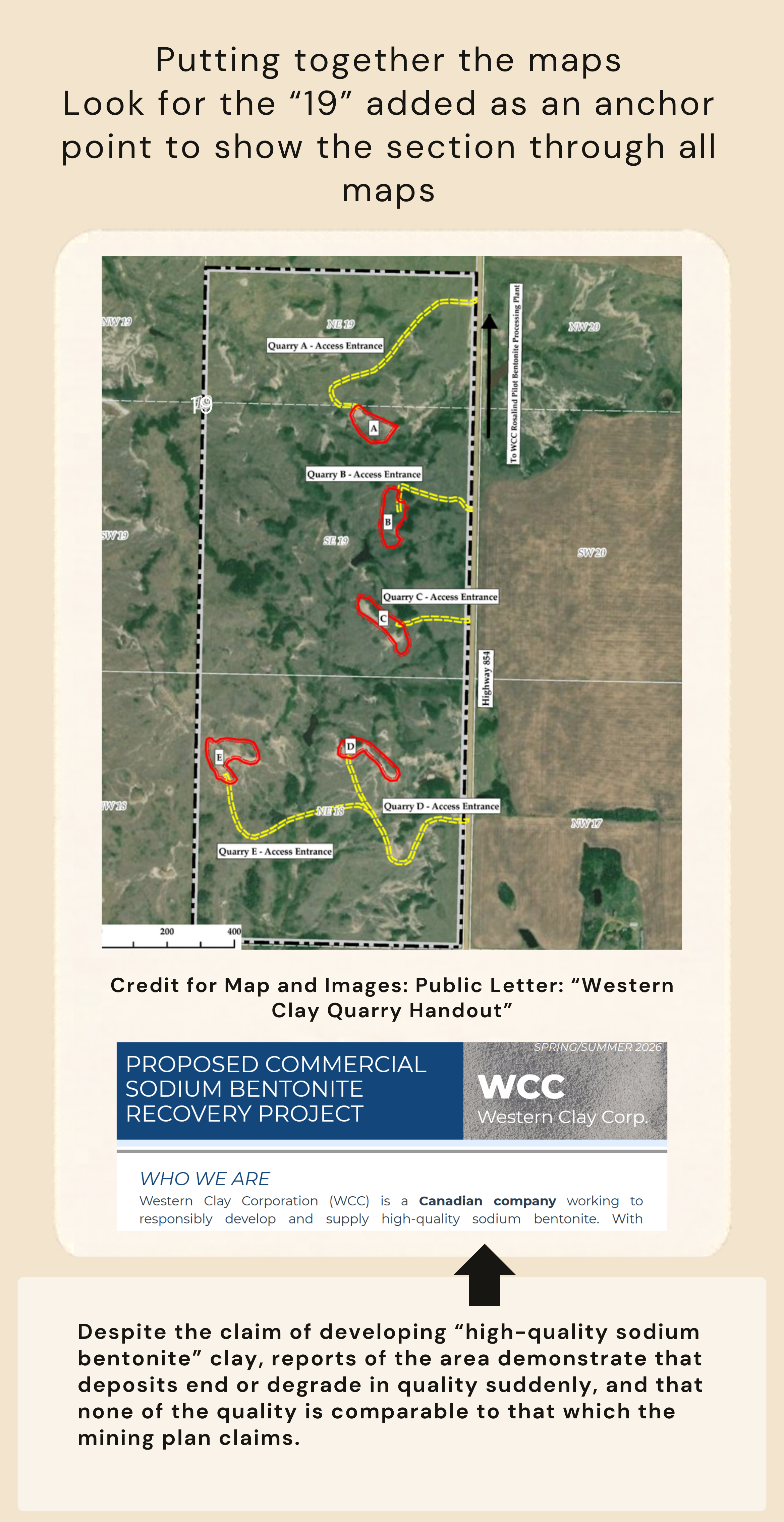 Map of a proposed sodium bentonite recovery mining project with five quarries labeled A-E, each with access entrances and yellow dashed roads connecting them, and a larger map showing location boundaries and access points.