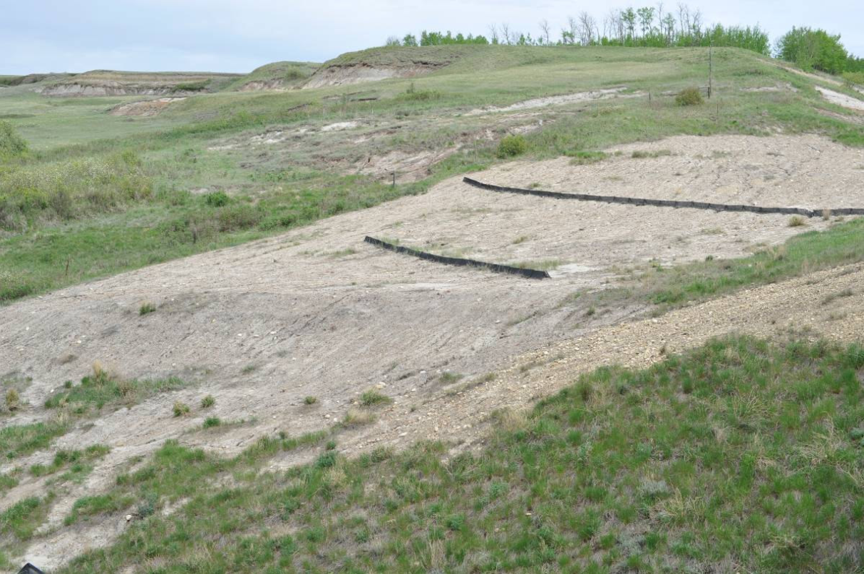 Eroded hillside with signs of erosion control fabric and a mix of grass and bare soil in a natural landscape. Restoration attempts after landslide due to erosion.