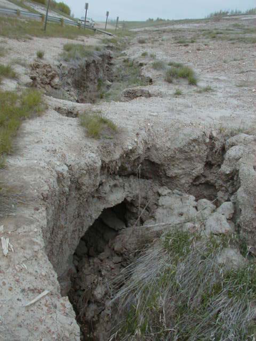 A large eroded sinkhole on the side of a dirt road, with cracked and broken earth, some grass and plants around it, and a guardrail and vehicles in the background.