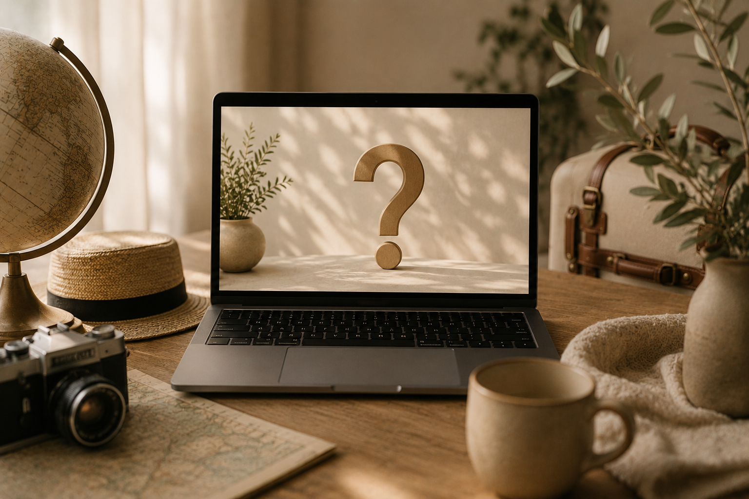 A laptop on a wooden desk with a question mark on the screen, surrounded by a globe, straw hat, camera, potted plants, a map, a coffee mug, and a vintage travel case, suggesting travel or exploration theme.