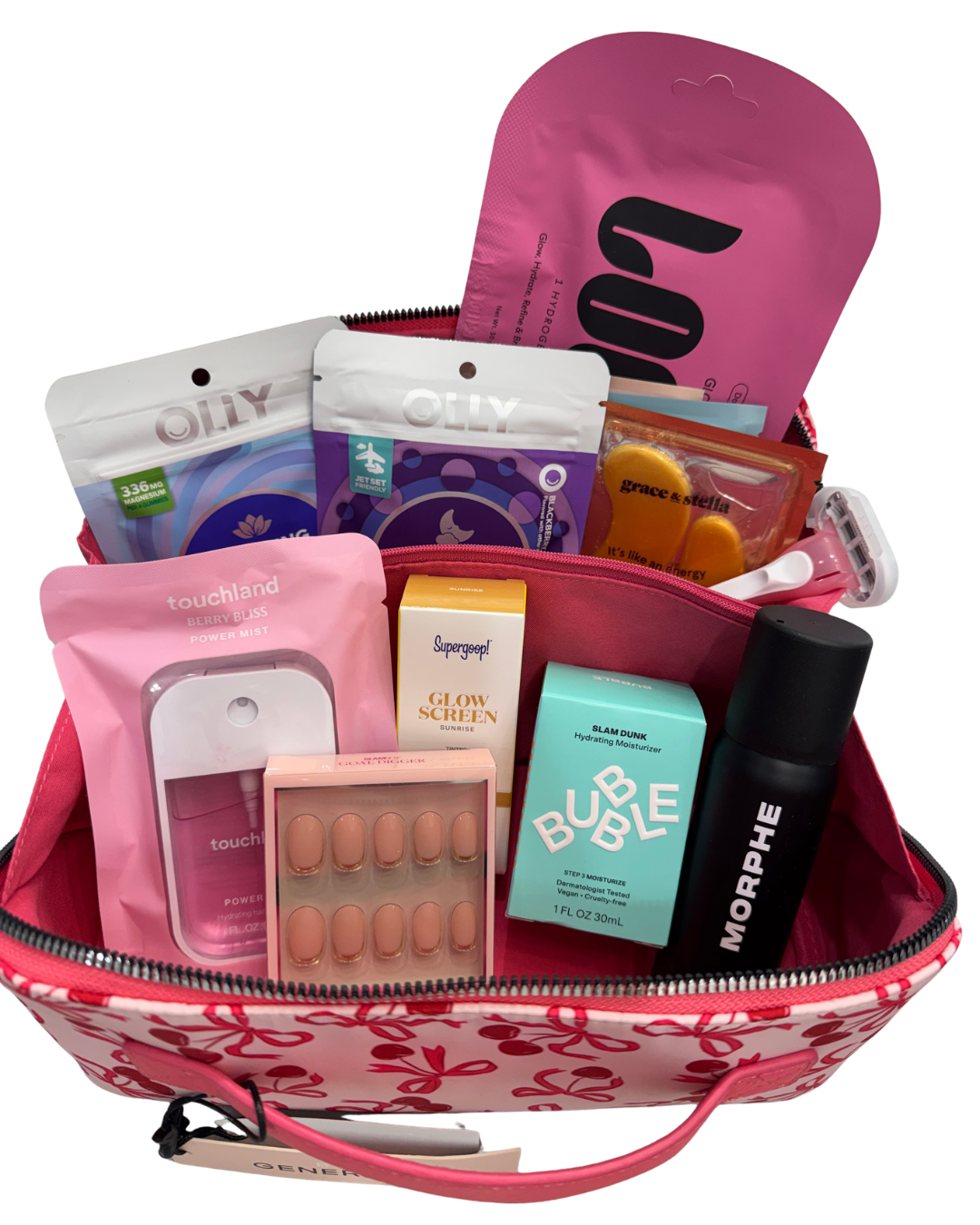 A pink bag filled with various personal care, skincare, and wellness products, including masks, a razor, moisturizer, and supplements for the Bridal Party.
