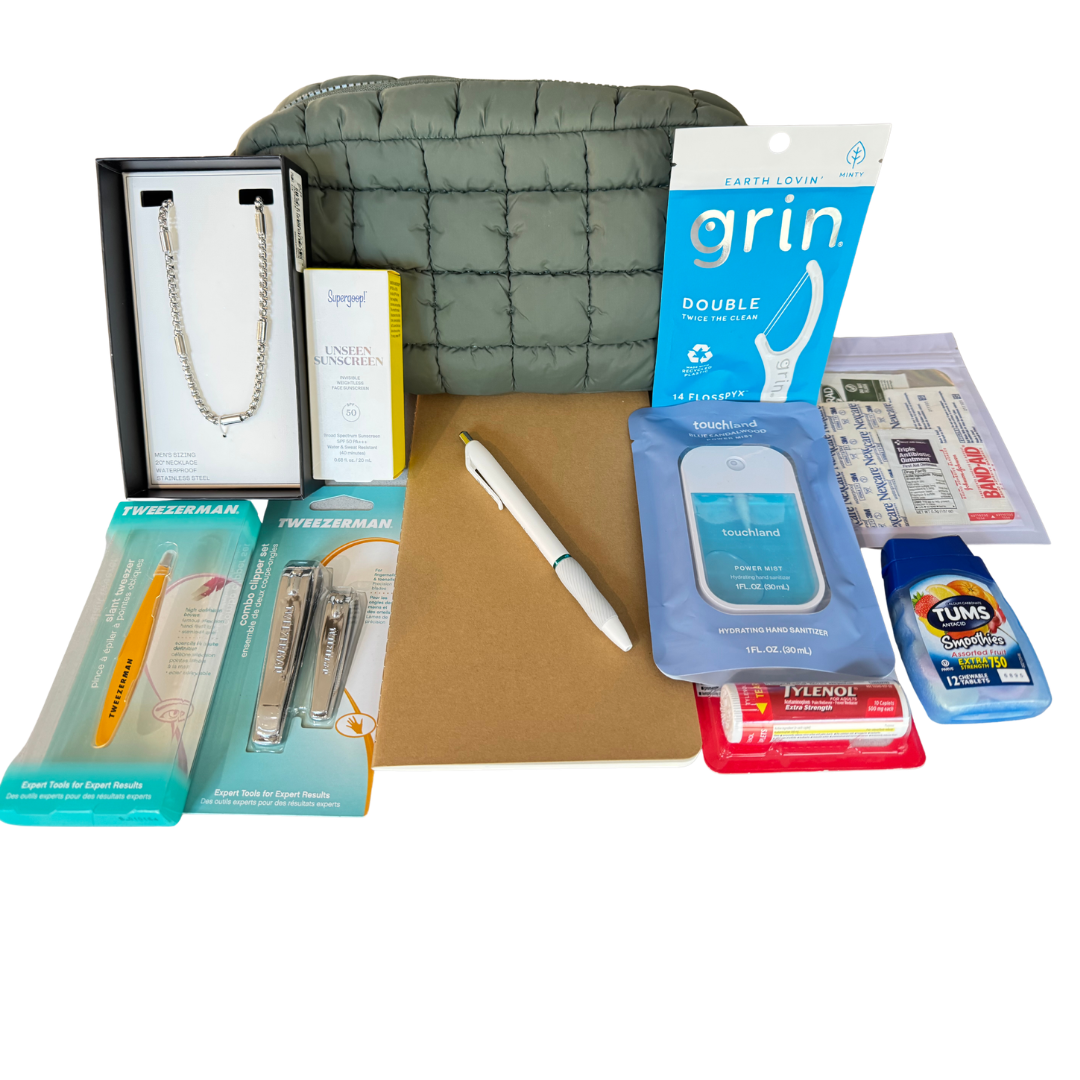 A collection of personal care items and accessories including a Groomsmen gift, sunscreen, a notebook, a pen, a hand sanitizer, a pack of floss, a pack of tissues, a pack of medication, and other small miscellaneous items.