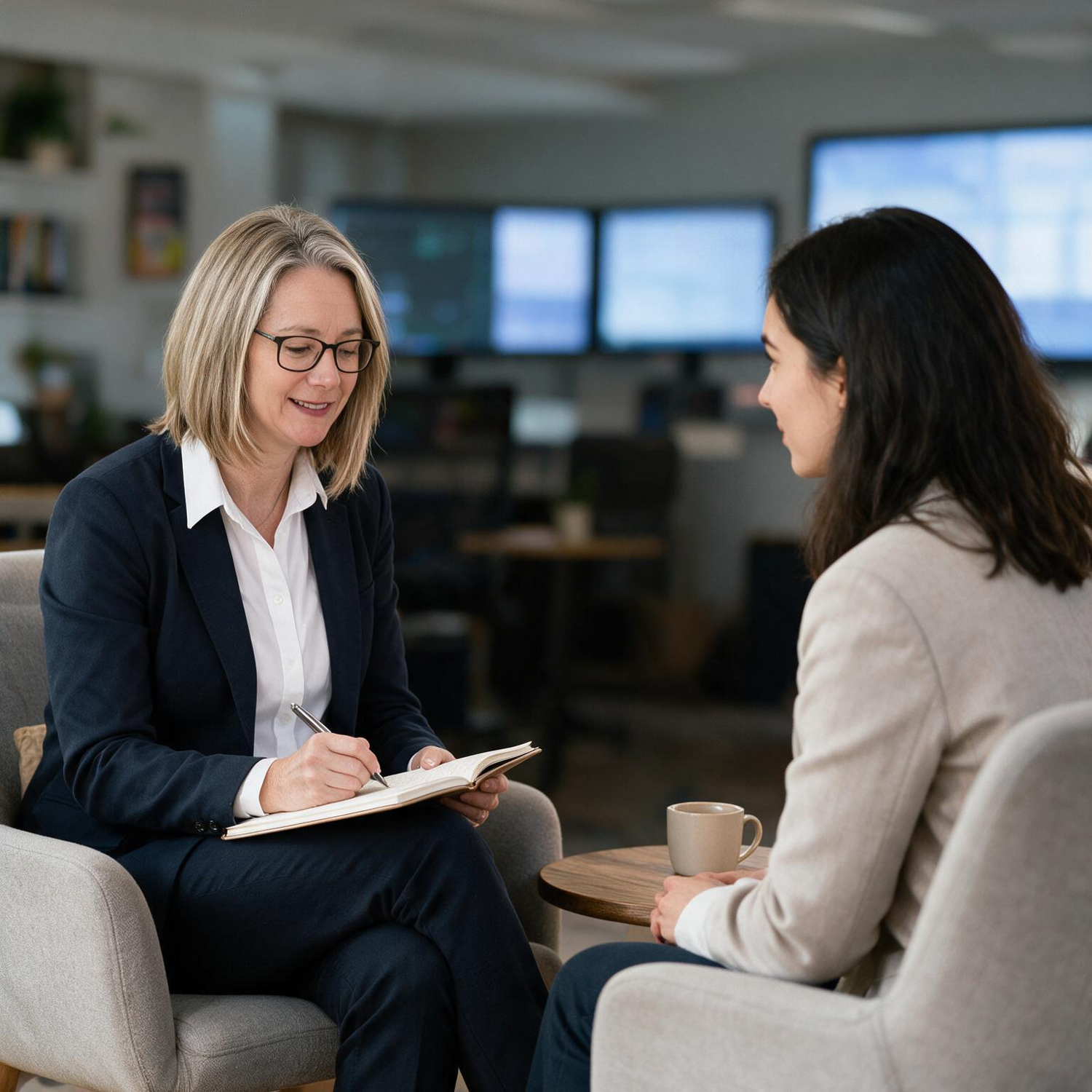 Monique Roberts discusses change leadership with a female executive