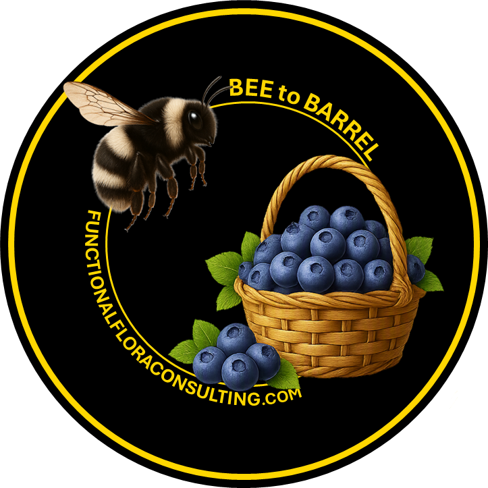 A bee flying towards a basket of blueberries with green leaves, surrounded by yellow text that reads 'BEE to BARREL,' 'FUNCTIONALFLORACONSULTING.COM,' and a yellow circle outline on a black background.