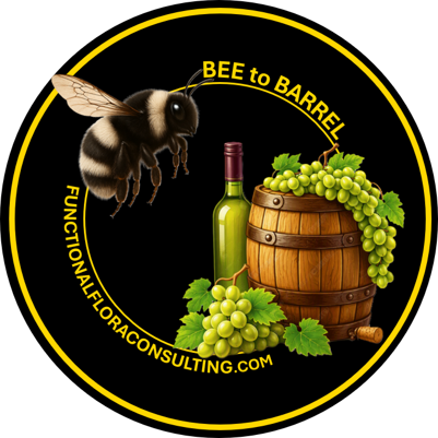 Illustration of a bee, a wine bottle, a barrel, and green grapes with leaves, all enclosed in a yellow circle. Text on the circle reads 'BEE to BARREL' and 'FUNCTIONALIFORACONSULTING.COM'.