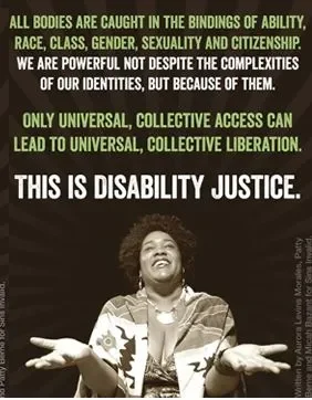 Patty Berne smiling and the text states "All bodies are caught in the bindings of ability, race, calss, gender, sexuality, and citizenship.  We are powerful not despite the complexities of our identities but because of them."