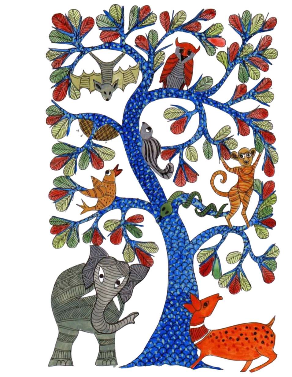drawing of blue tree with green and red leaves with various animals at the base and throughout the branches