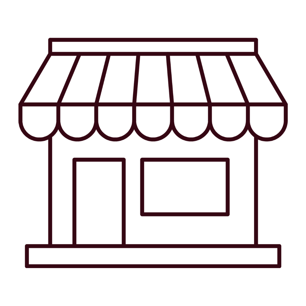 Outline of a small shop or storefront with an awning and a large window.