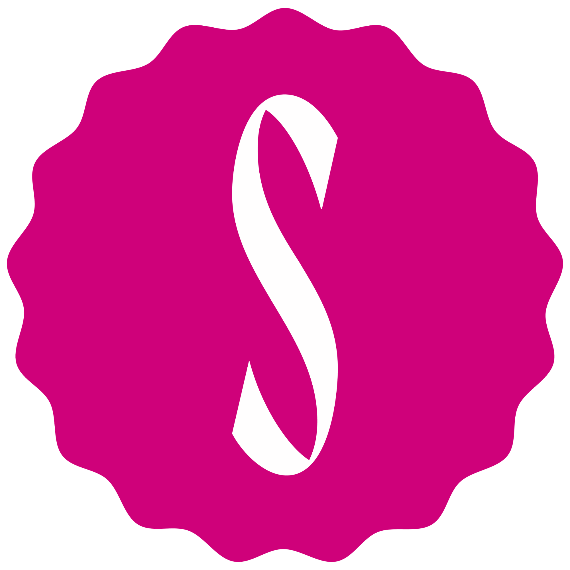 A pink graphic with a white line drawing of a leaf or petal in the center, surrounded by a pink cloud-like shape.