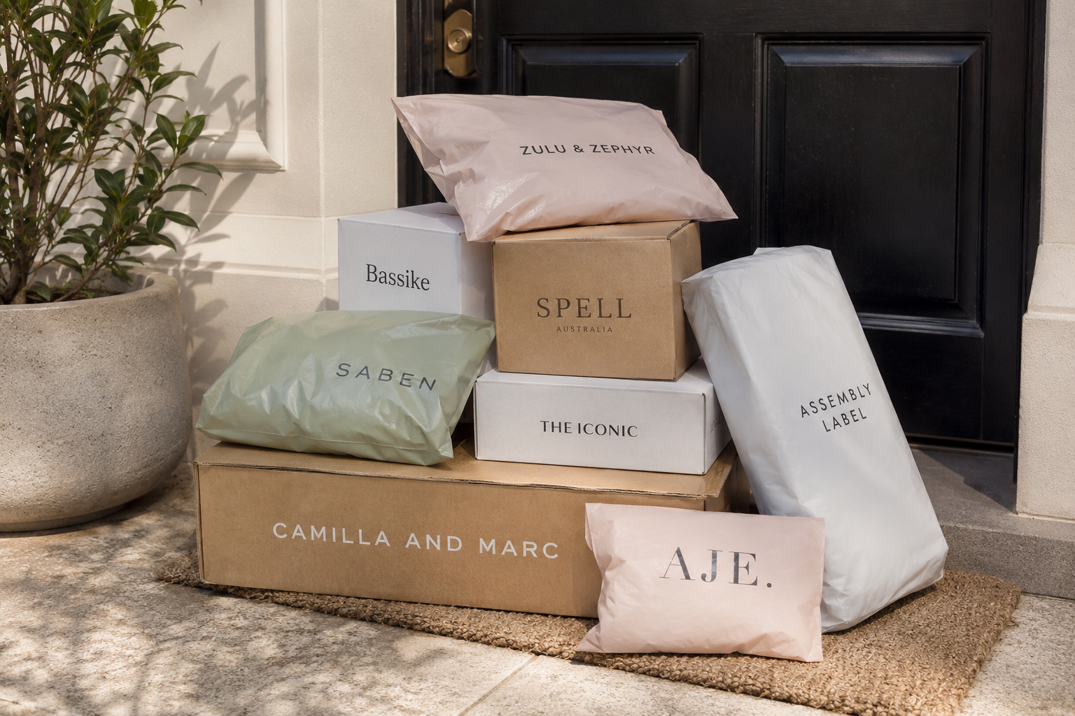Several packages and boxes on a doormat in front of a black door, with a potted plant to the left.