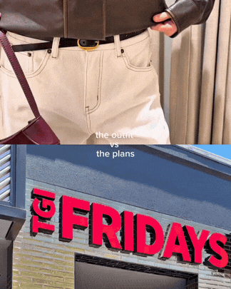 Close-up of a person's beige pants, black belt, and part of a black jacket with a maroon purse on the left. Below, a sign for TGI Fridays restaurant in blue and gray exterior.