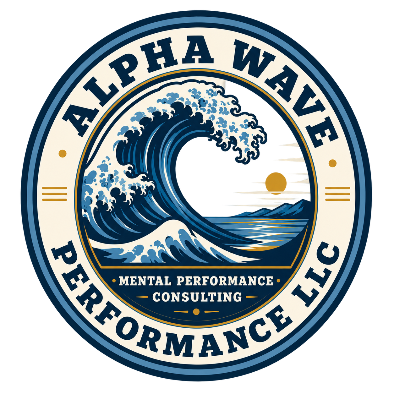 Logo for Alpha Wave Performance LLC featuring a large wave, the sun, and mountains, with the text 'Alpha Wave Performance LLC' and 'Mental Performance Consulting'.