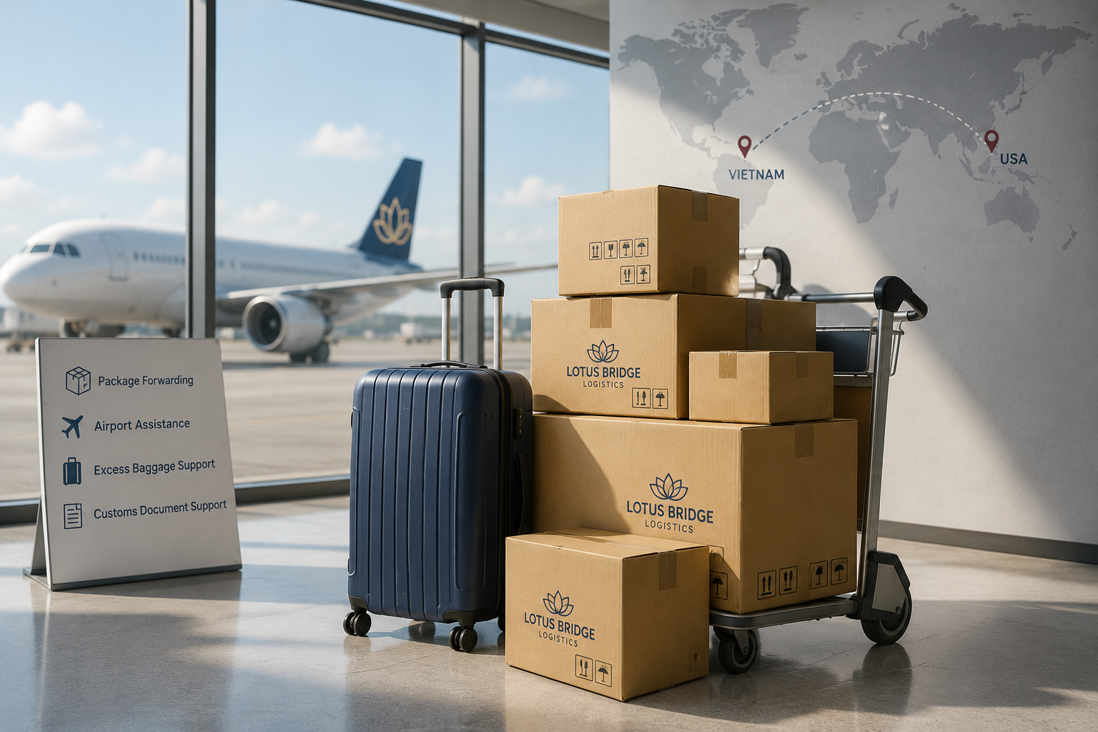 A luggage cart with boxes labeled Lotus Bridge Logistics and a blue suitcase inside an airport terminal near a large window. An airplane on the tarmac outside. A world map on the wall shows connections between Vietnam and the USA.