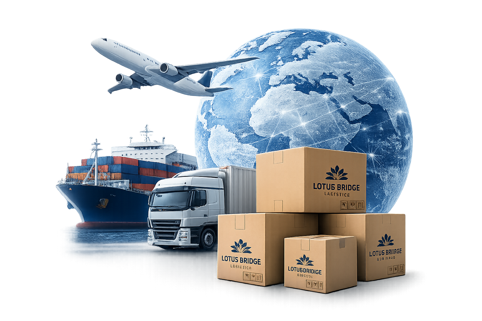 International logistics and shipping services with air freight, cargo ship, trucking, and package delivery between Vietnam and the United States.