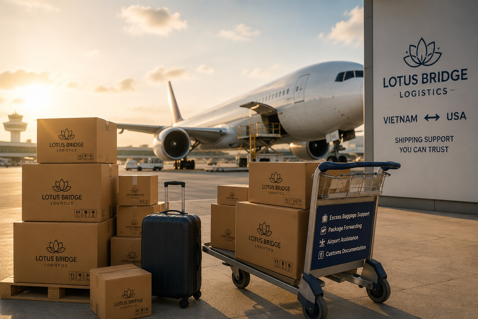 Cargo boxes and a suitcase at an airport tarmac with an airplane in the background during sunset, supporting Lotus Bridge Logistics between Vietnam and the USA.