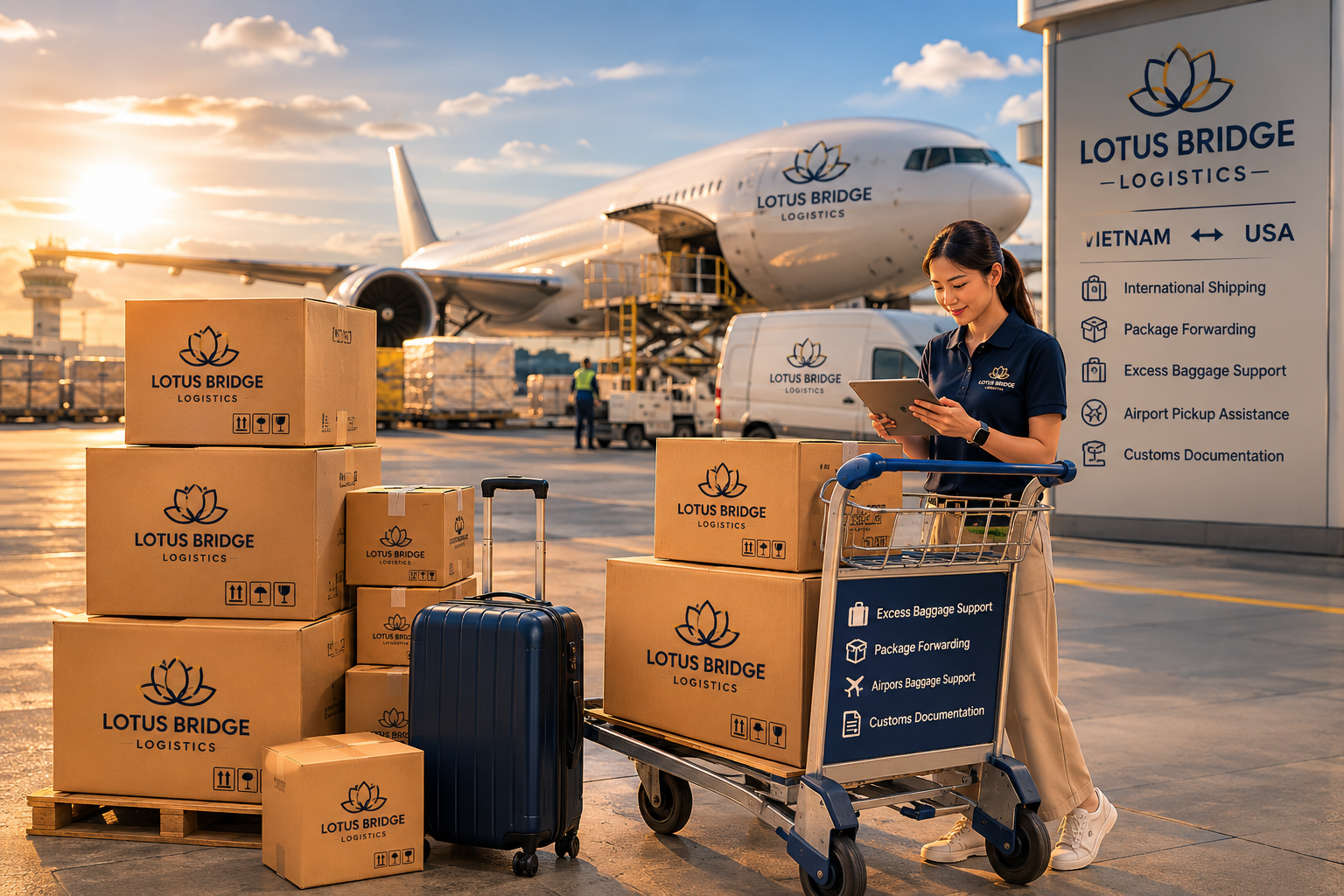 A woman with a cart full of boxes is at an airport with cargo, an airplane, and airport staff in the background. The boxes are labeled Lotus Bridge Logistics.