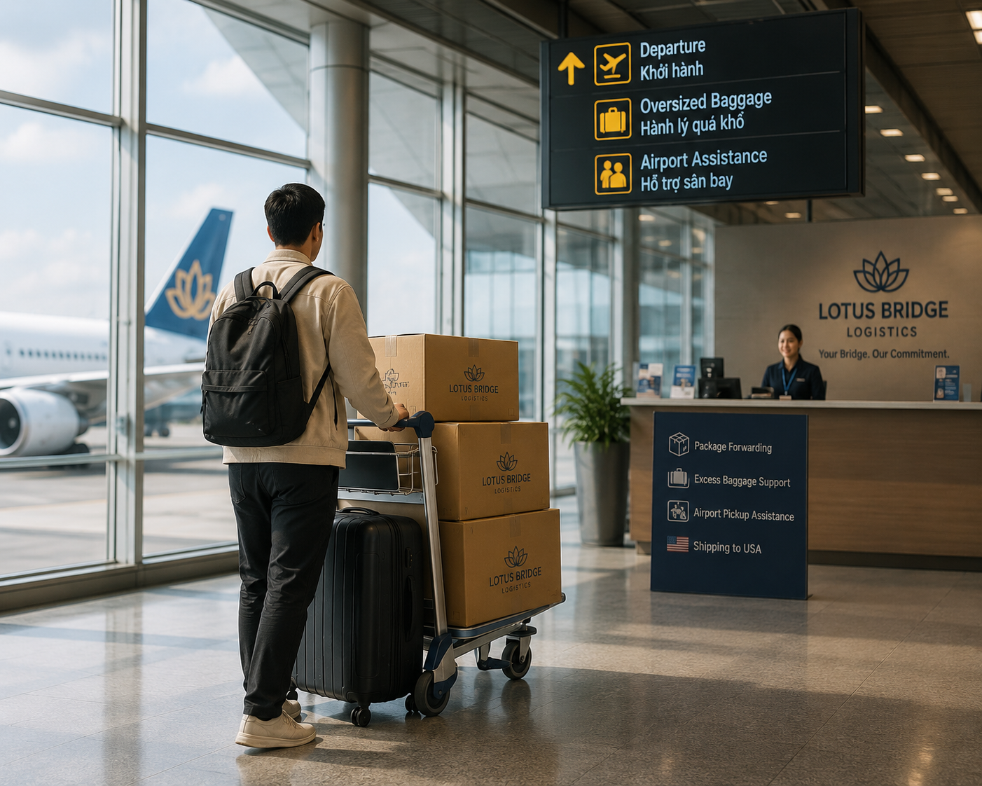 A man with a backpack and rolling luggage stands at the check-in counter for Lotus Bridge Logistics at an airport, looking towards the departure information sign. The background shows large windows with an airplane parked outside.