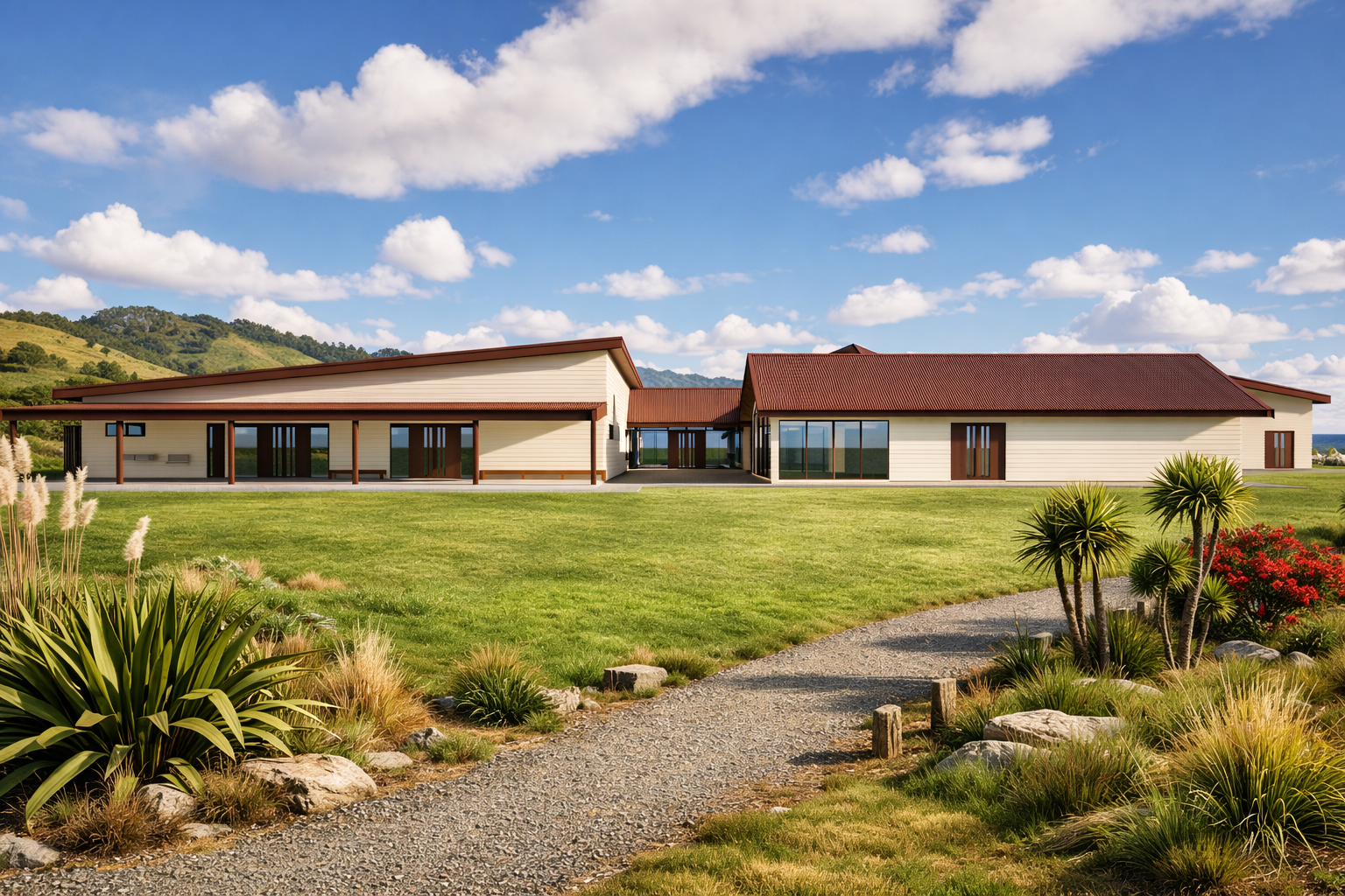 A modern, single-story house with a red roof, surrounded by a landscaped yard with green grass, desert plants, and a gravel pathway. Hills and a blue sky with fluffy clouds are in the background.