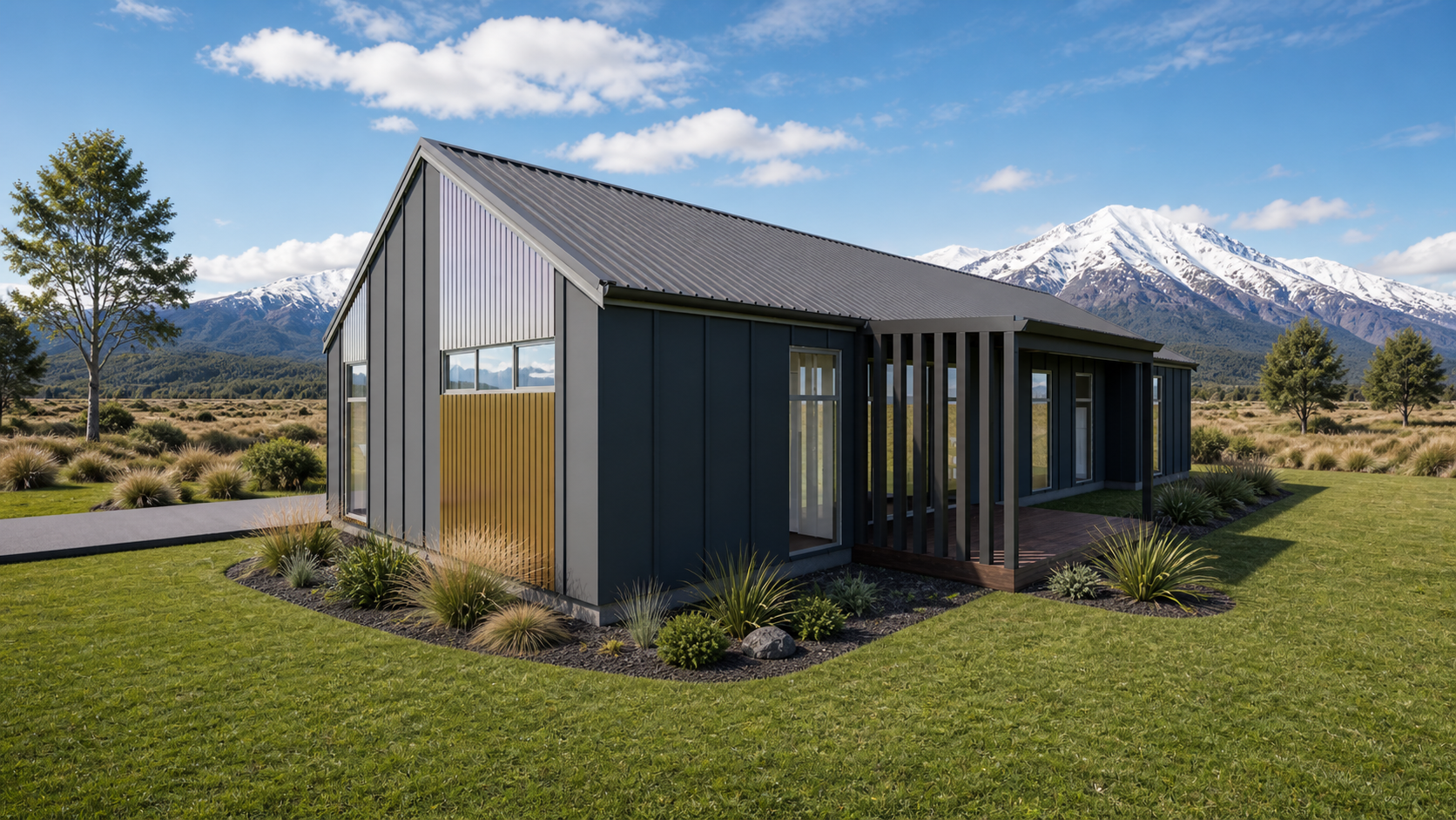 Modern house with metal siding and large windows, set in a grassy landscape with small bushes and trees, mountains with snow in the background, under a partly cloudy sky.