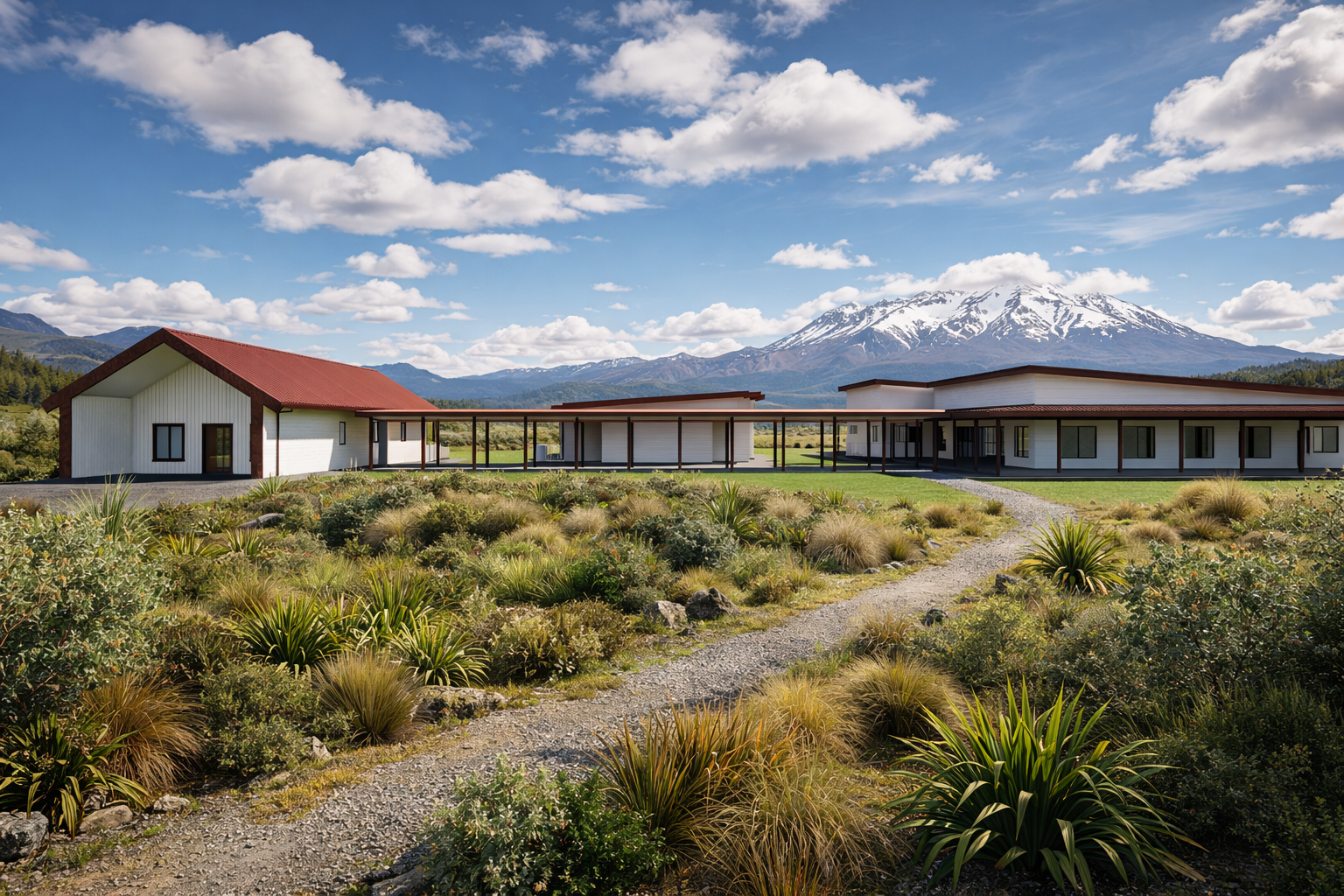 Modern white building with red roofs, situated in a natural landscape with green shrubs and plants, mountain in background with snow-capped peaks, under partly cloudy blue sky.