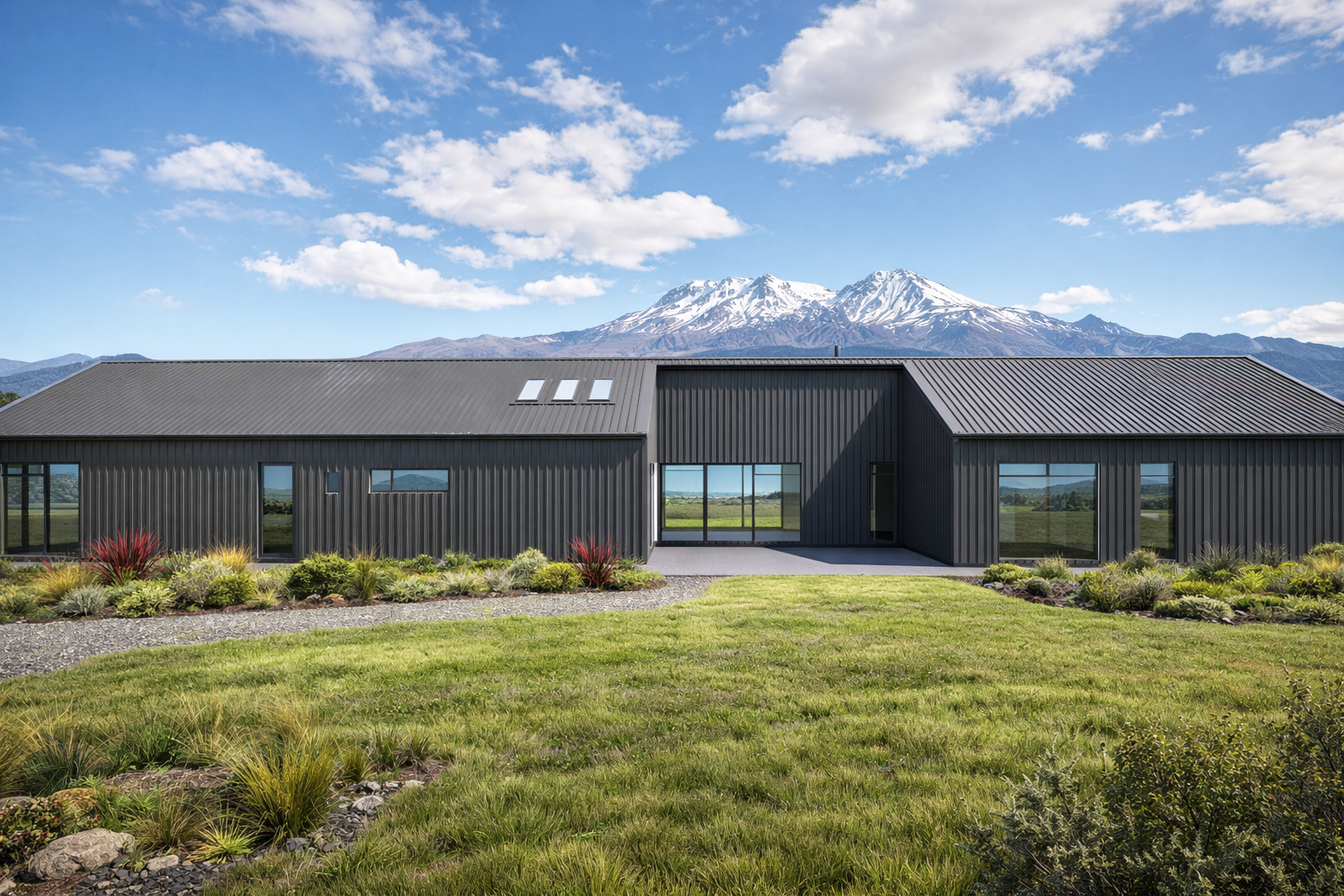 Modern black house with metal roof and large windows, surrounded by lush green lawn and landscaped garden, with snow-capped mountains in the background under a partly cloudy sky.