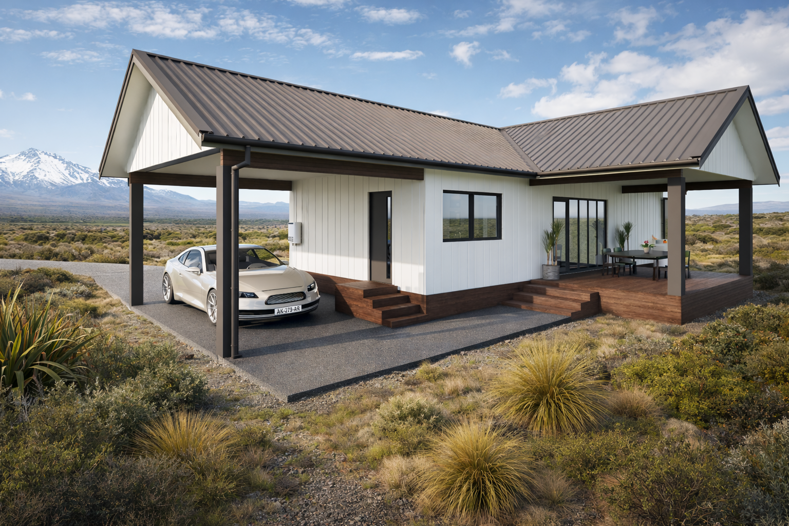 Modern house with white exterior, black window frames, wooden steps, and a deck, situated in a desert landscape with mountains in the background.