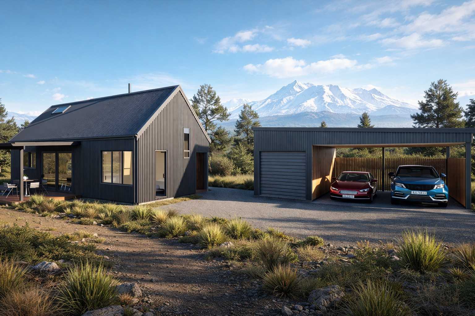A modern black house with a pitched roof and large windows next to a carport with parked red and blue cars, set against a mountainous landscape with trees and snow-capped peaks under a blue sky.
