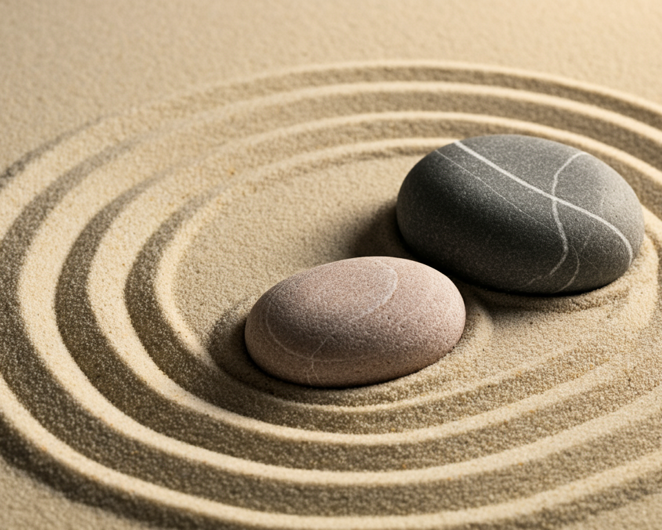 Two smooth stones on raked sand in a Zen garden, one pinkish and one gray, with concentric circles around them.
