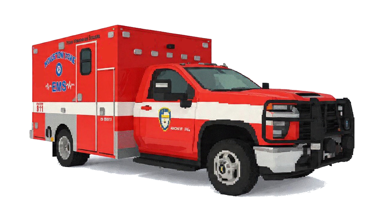 Pixelated image of a red and white ambulance vehicle with emergency lights and medical markings.