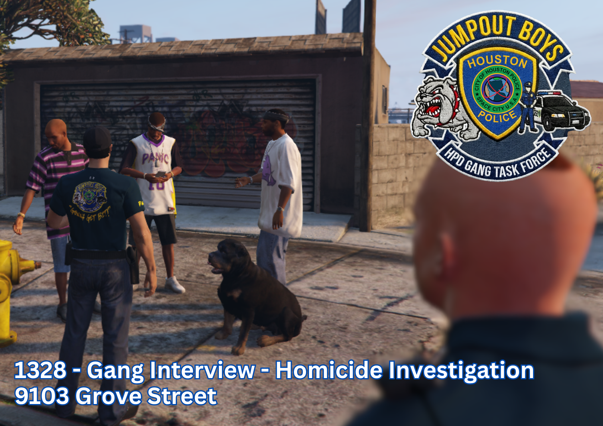 A group of police officers and gang members standing outside a shop with graffiti on the shutter. A police badge patch with the text 'Homicide Investigation' and 'Grove Street' is added to the image.
