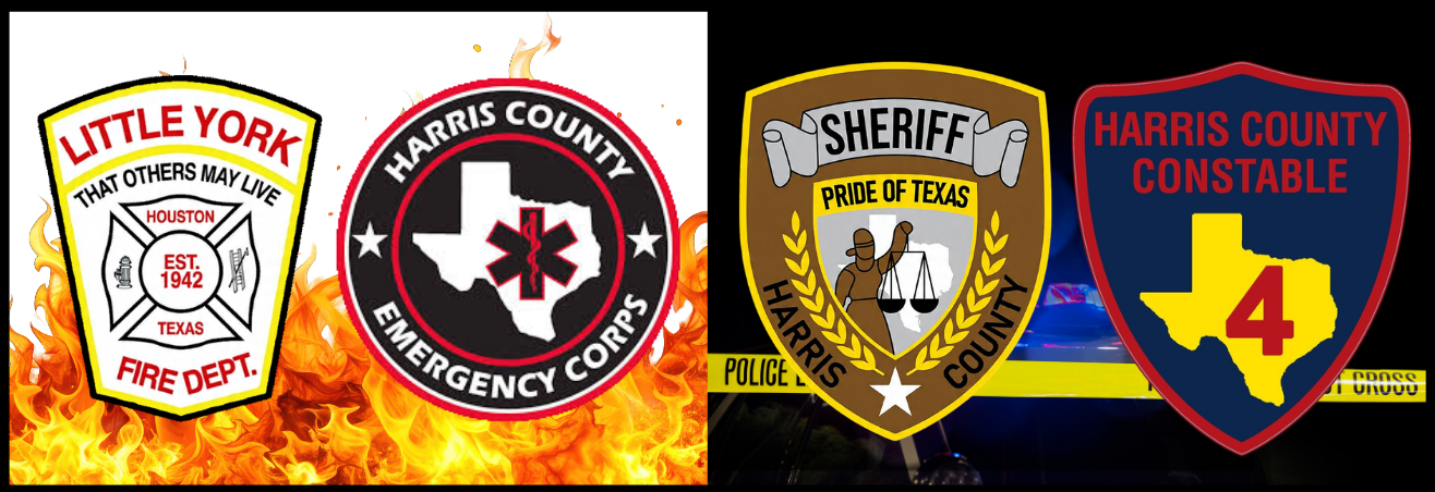 Collection of four badge patches from various Harris County emergency services, including the fire department, emergency corps, sheriff's office, and constable, displayed against fire flames and police car lights.