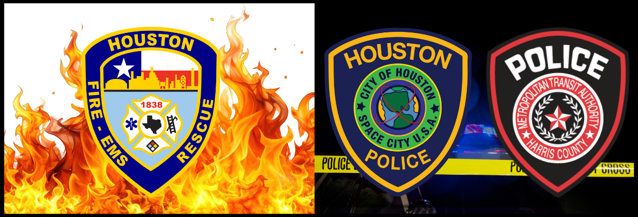 Image with three police badges from Houston Fire EMS Rescue, Houston Police, and Harris County Sherif, with fire flames and police tape in the background.