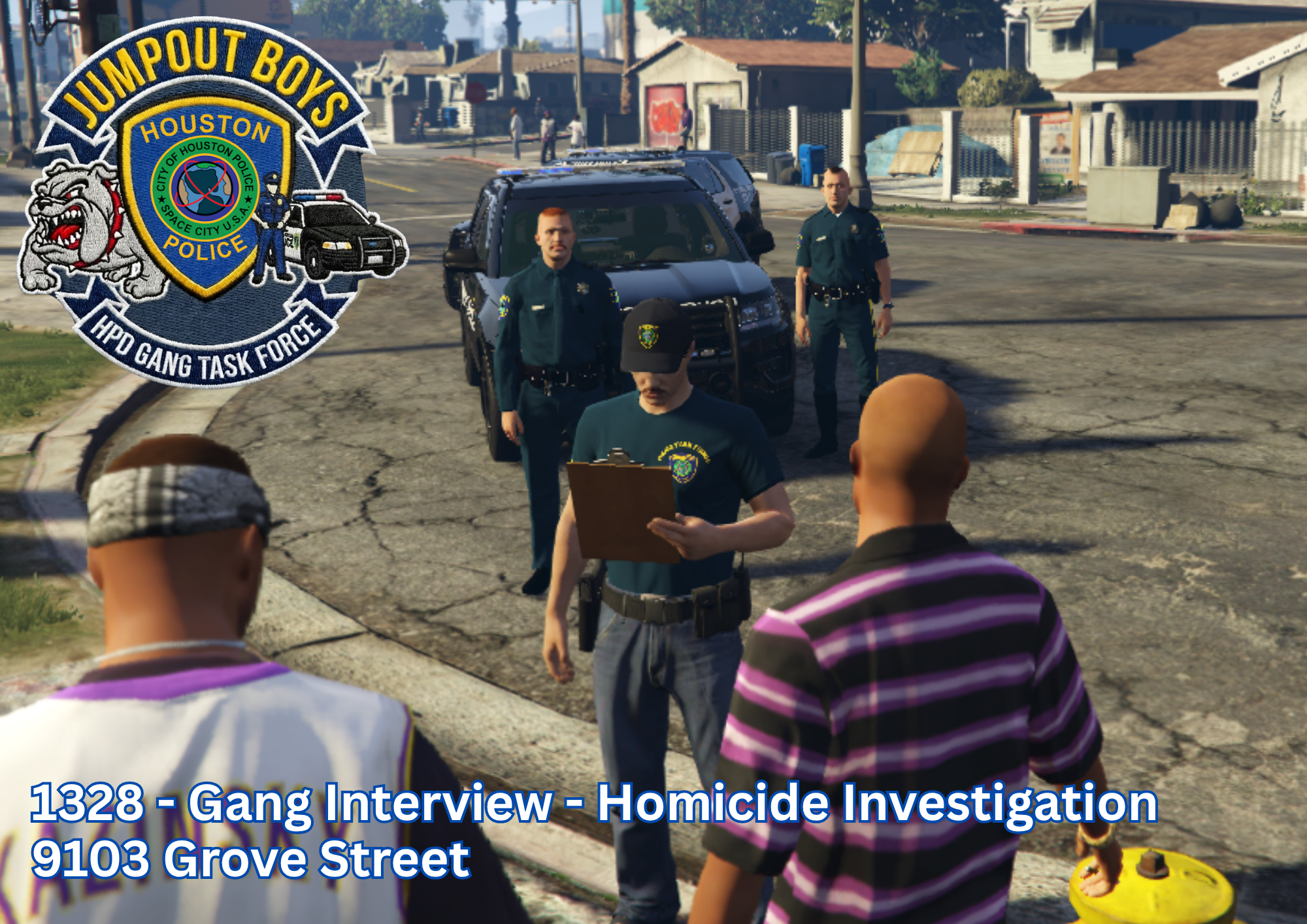 Police officers conducting a homicide investigation at the scene of a violent crime on Grove Street. Several police vehicles are parked nearby, and officers are examining the area while civilians stand around observing.