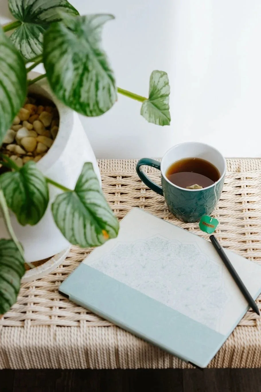A wicker table with a potted plant, a notebook, a pen, a mug of tea, and a tea bag steeping in the mug.