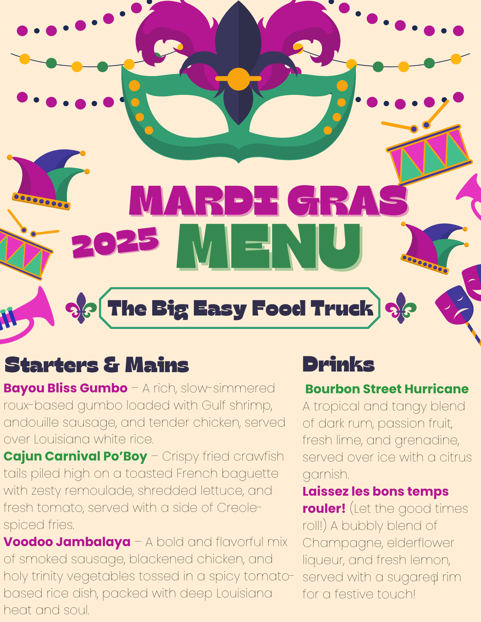 A Mardi Gras-themed menu mockup created for Dat Dog, combining playful branding, bold typography, and vibrant New Orleans-inspired visuals to capture the energetic spirit of the city and the brand.
