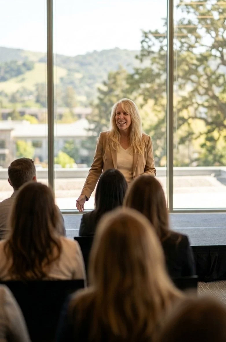Mary McGovern Gebhardt of Collaboration & Innovation Management Consulting gives a presentation to a group of people in a conference room with large windows and a scenic Northern California outdoor view of hills and an oak tree.