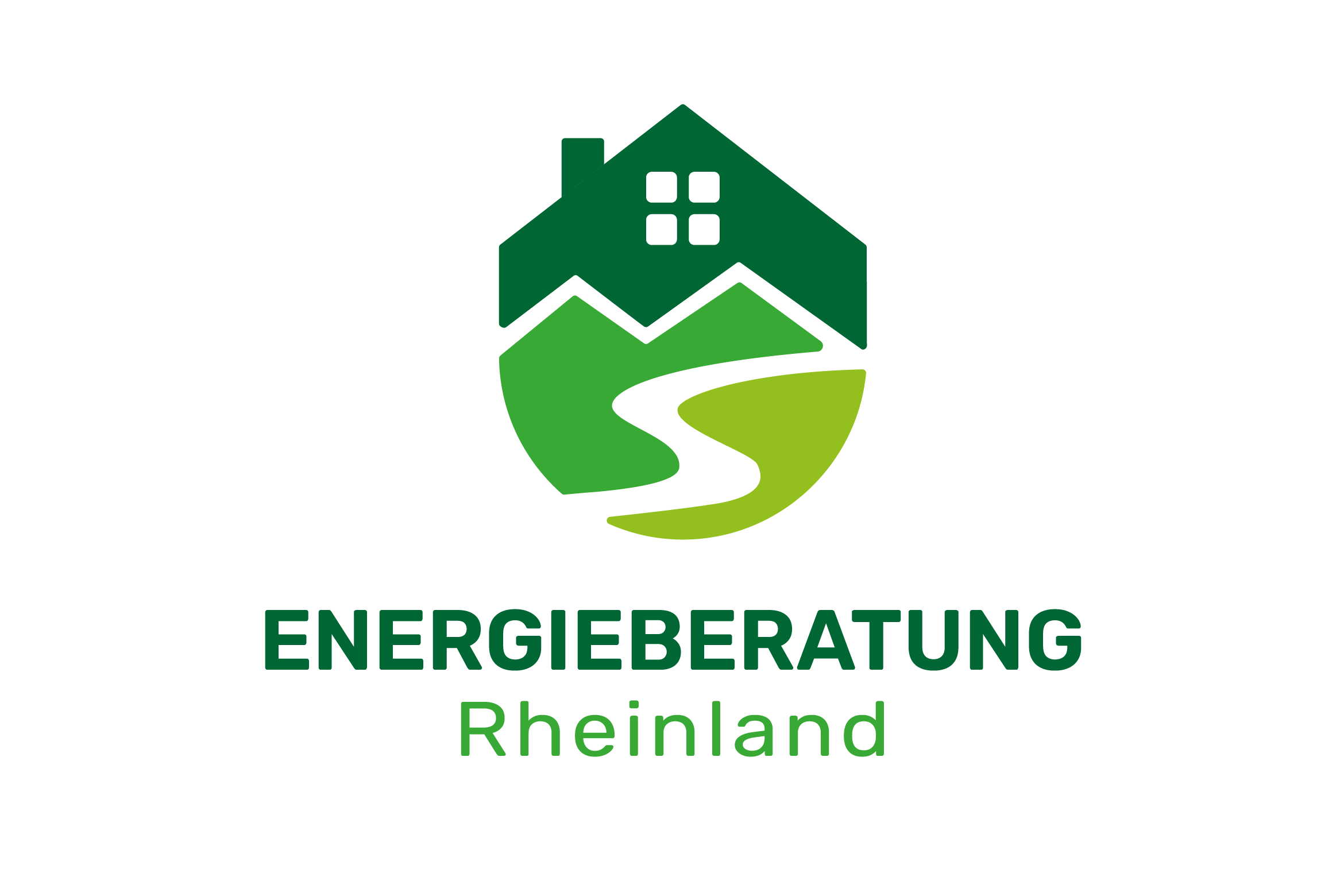 Logo für Energieberatung Rheinland, zeigt ein stilisiertes Haus, eine Straße und einen grünen Hügel.