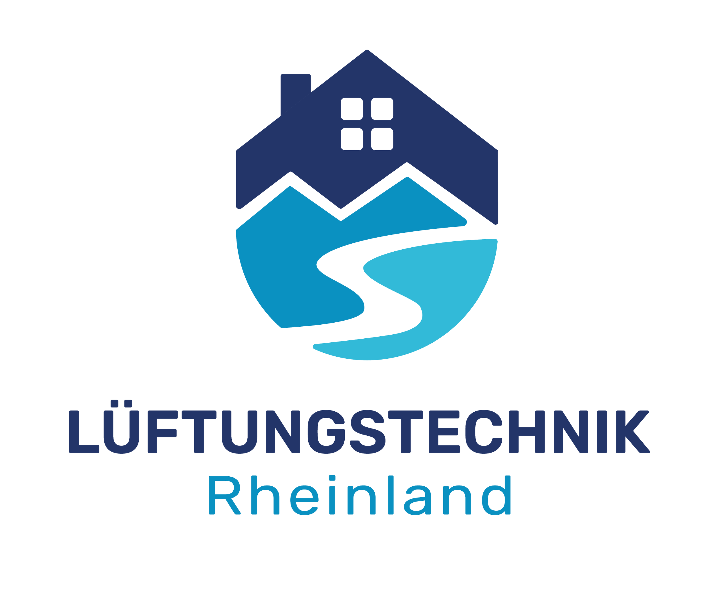Logo der Lüftungstechnik Rheinland mit Haus und Wasser, Text in blau.