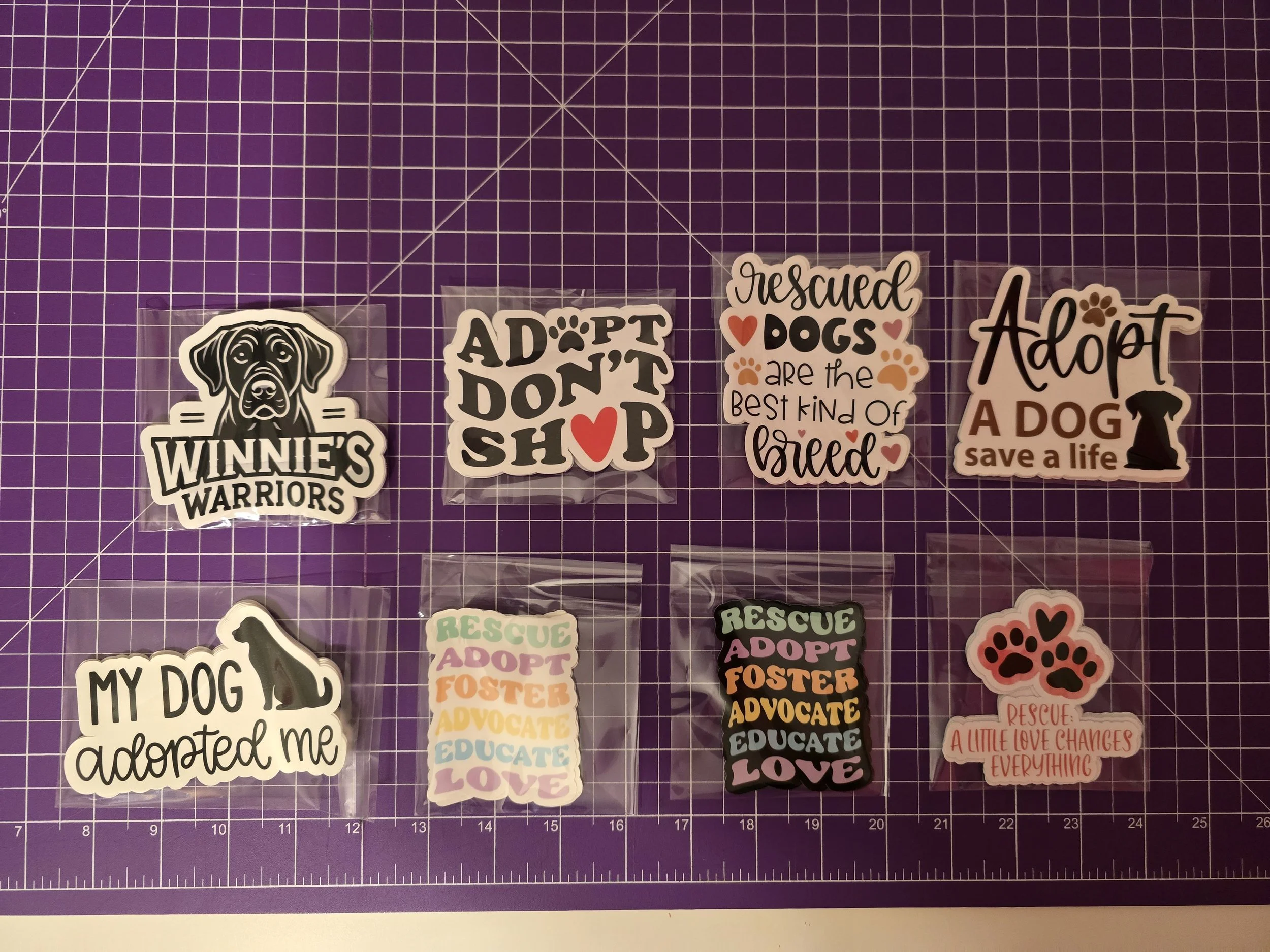 Stickers for Winnies Warriors dog rescue.